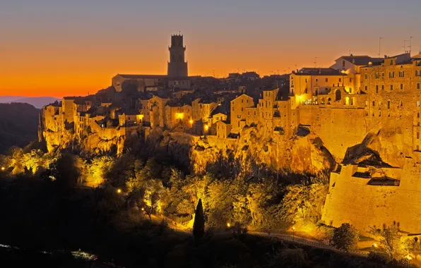 Night, lights, home, Italy, Tuscany, Pitigliano