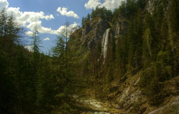 The sky, clouds, trees, mountains, nature, rocks, waterfall, ate