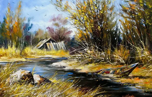 Picture autumn, river, stones, boat, picture, day, painting, farm