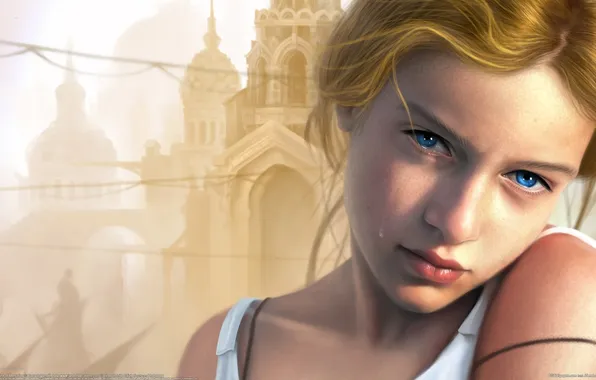 Girl, castle, blonde, girl, tears, tears, castle, CG wallpapers