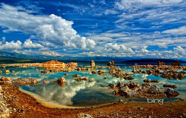 Picture the sky, clouds, mountains, reflection, CA, USA, Mono lake