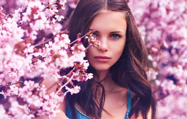 Picture girl, flowers, nature, spring, makeup, Sakura