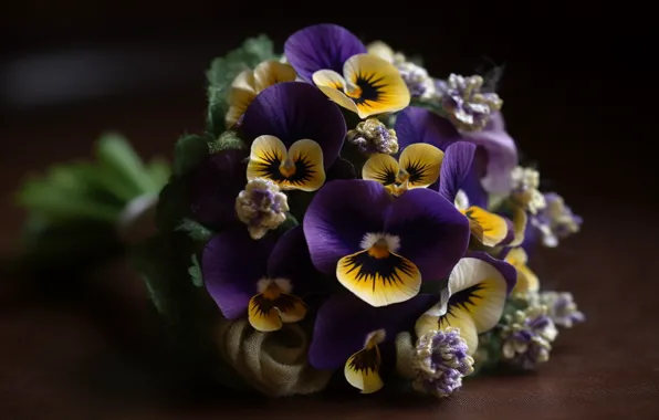 Flowers, the dark background, yellow, purple, black background, Pansy, a bunch, composition