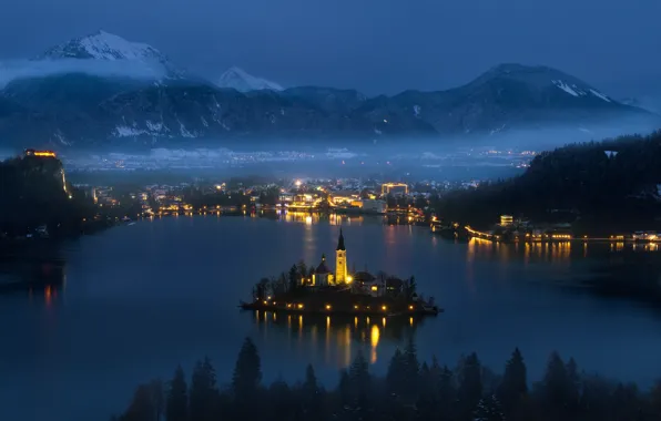 City, lights, night, mountains, clouds, lake, snow, Lake Bled