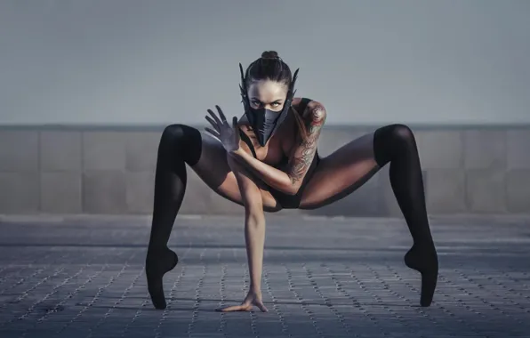 Pose, feet, stockings, mask, tattoo, Spider woman, mortal Kombat