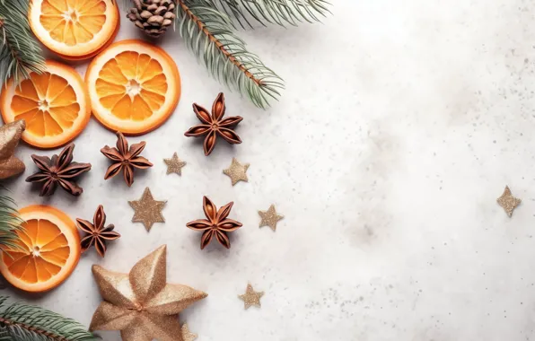 Branches, oranges, Christmas, white background, New year, fruit, needles, circles