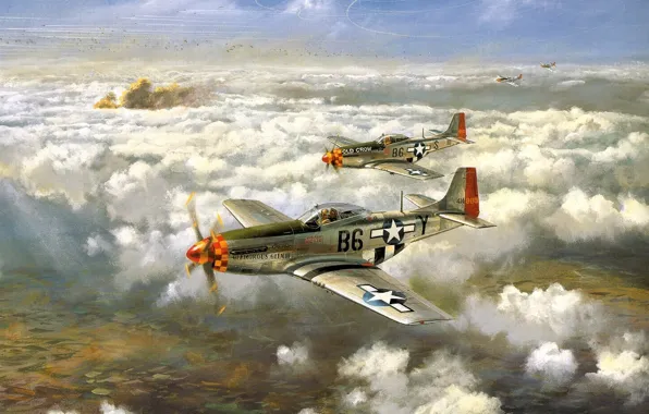 The sky, clouds, figure, fighters, aircraft, WW2, army, single-engine