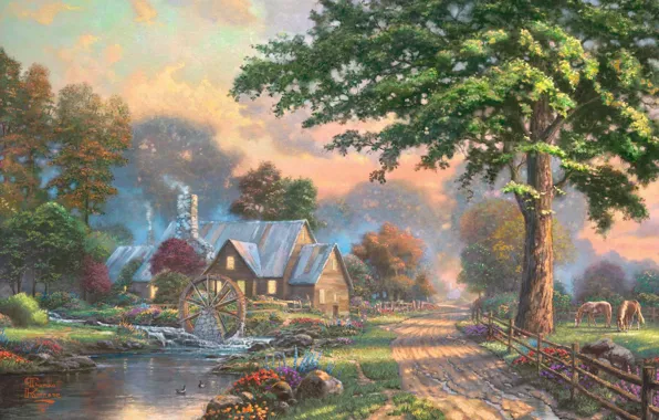 Picture summer, house, river, stream, horse, wheel, village, painting