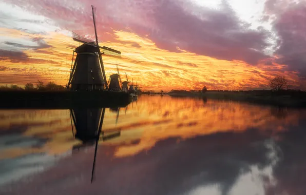 The sky, clouds, sunset, lake, reflection, dal, the evening, silhouettes
