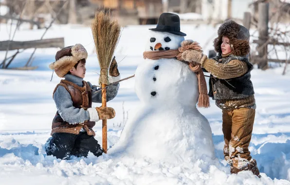 Winter, Snow, Children, New year, Hat, Two, Sweater, Snowman