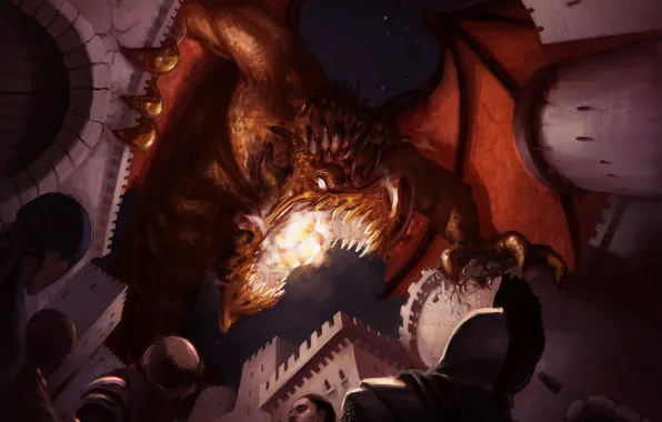 People, castle, attack, dragon, war, art, rage, mouth