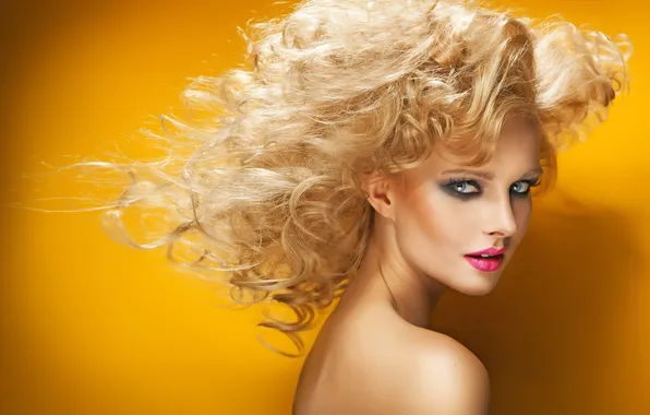 Girl, lipstick, blonde, curls, yellow background, blue-eyed, curls