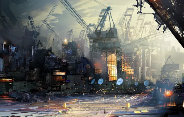 The city, Style, City, Fantasy, Art, Fiction, Daniel Dociu, Cranes