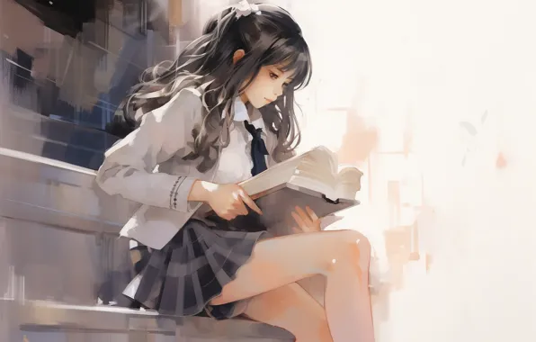 Picture girl, school uniform, brunette, digital art, books, schoolgirl, AI Art