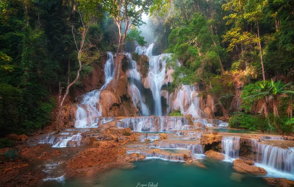 Waterfall, Trees, Jungle, Laos, The beauty of nature, Evgeni Fabis, Streams of Water