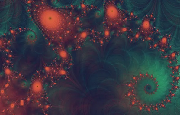 Orange, abstraction, green, pattern, dark, spiral, fractal, ornament