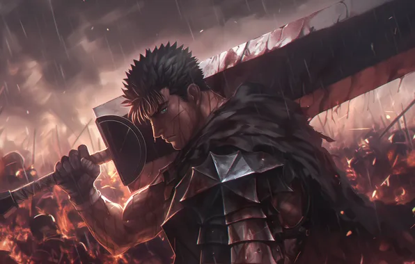 Rain, sword, anime, Berserker, GATS, berserk, guts, the big sword