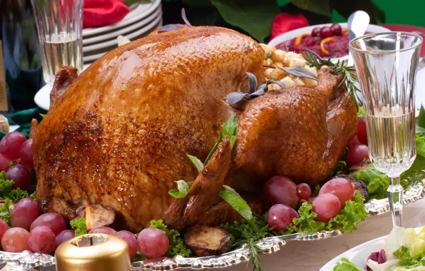 Glass, candle, grapes, meat, Turkey