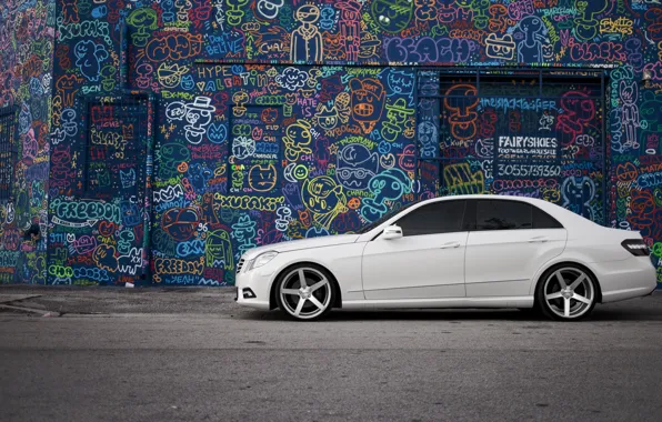 White, graffiti, tuning, Mercedes, drives, side, tinted, E Class