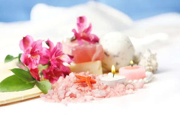Flowers, candles, starfish, sea salt