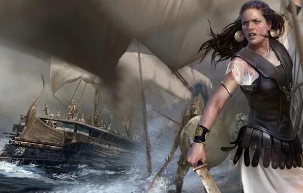 Girl, ships, sword, armor, sails, bad weather, warriors, Rome: Total War