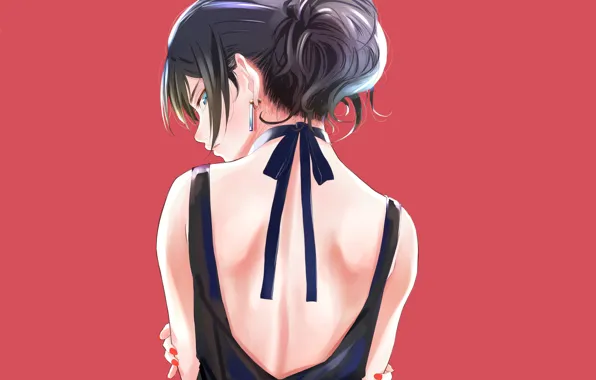 Picture look, girl, background, back, earrings, anime, dress, art