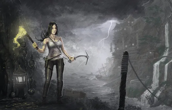 Rain, art, Croft, Lara, Lara Croft, Tomb