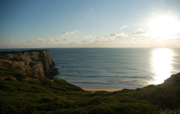 Sea, wave, the sun, glare, coast, landscapes, view, slope