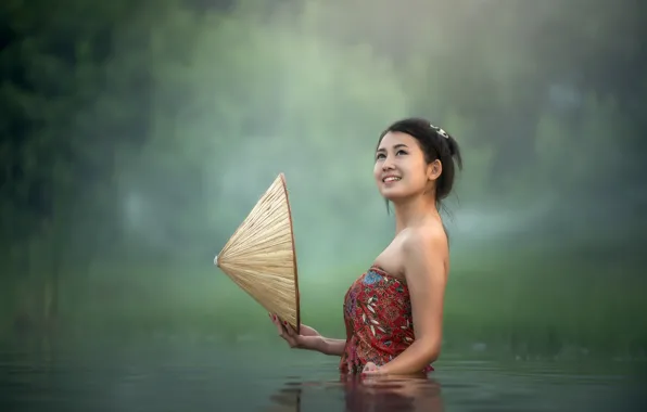 Water, Girl, Asian, Hat, Bathing