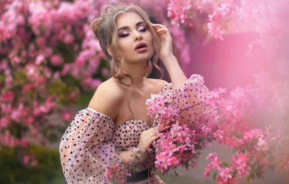 Wallpaper flowers, girl, garden, spring, flowering, Tatiana Lebedeva, closed eyes