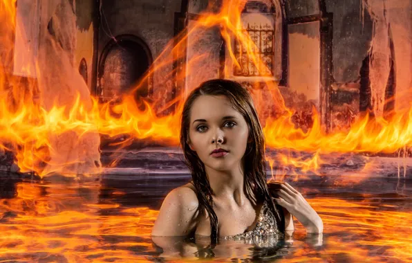 Picture water, girl, fire, the situation