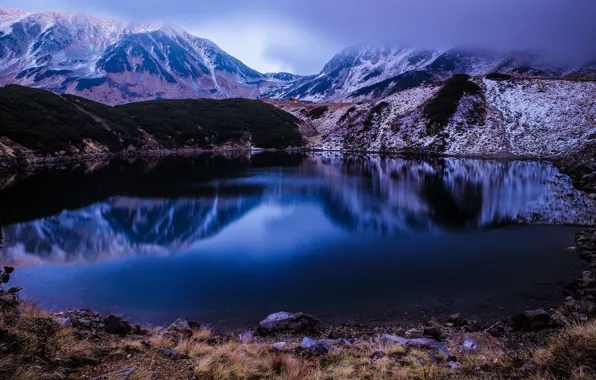 Picture landscape, mountain lake, hills, twilight, pond, the evening, lake, snowy peaks