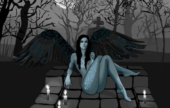 Picture girl, wings, vector, cemetery