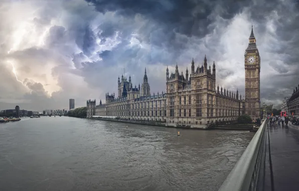 The storm, bridge, river, lightning, London, Big Ben, Westminster Abbey