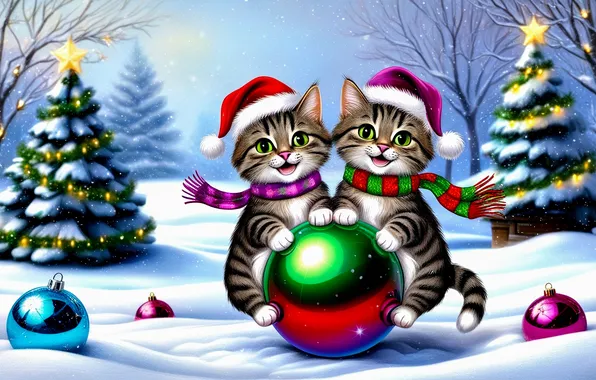 Winter, snow, balls, tree, kittens, New year