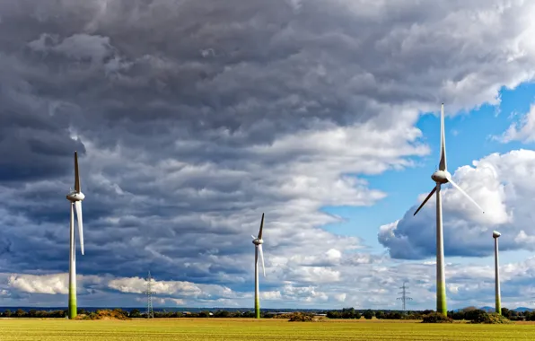 Field, clouds, windmills, Sunny, power lines