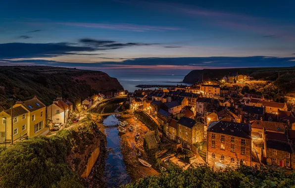 Sea, the sky, sunset, bridge, lights, rocks, coast, boat