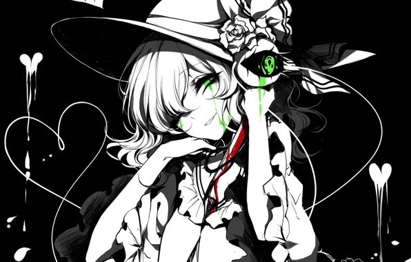Girl, roses, hat, black background, Monochrome, Touhou, monochrome, Koishi Komeiji