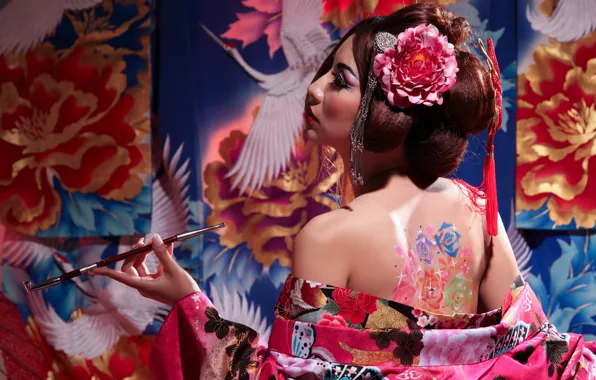 Flowers, style, Japanese, back, tube, tattoo, geisha, kimono