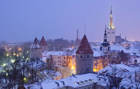 Picture winter, snow, lights, home, the evening, roof, Estonia, tower