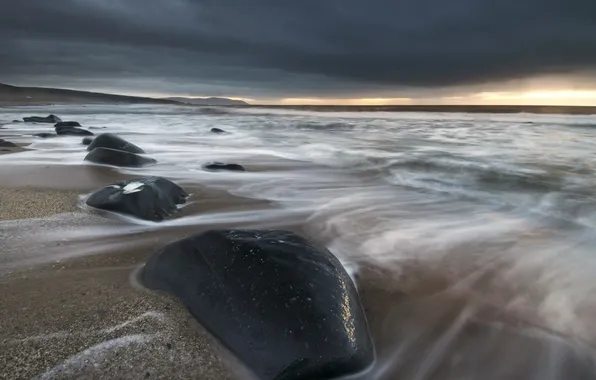 Sea, night, nature, stones