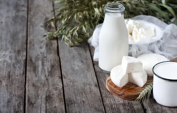 Bottle, milk, spikelets, mug, cheese, milk, gauze