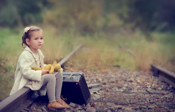 Picture sadness, toy, rails, girl, suitcase