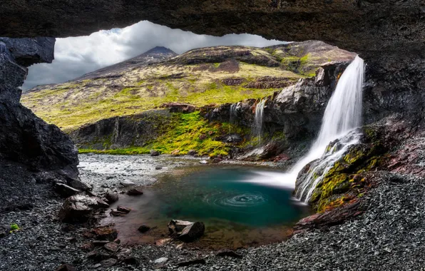 Grass, mountains, stones, rocks, waterfall, moss, slope, arch