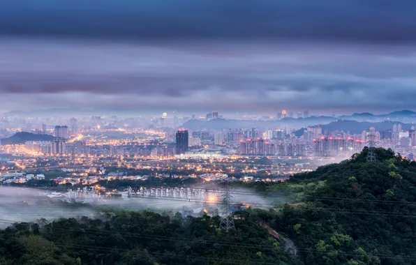 The sky, trees, clouds, the city, lights, fog, dawn, hills
