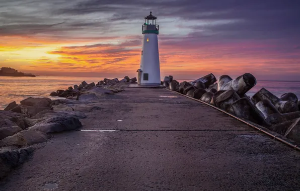 Sea, the sky, clouds, sunset, stones, lighthouse, the evening, pipe