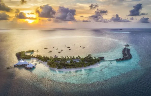 Summer, palm trees, island, houses, The Maldives, The Indian ocean, Andrew Chabrov
