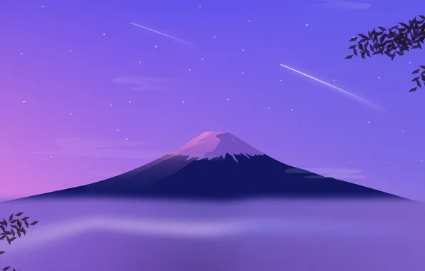 The sky, stars, landscape, nature, fog, minimalism, art, mount Fuji