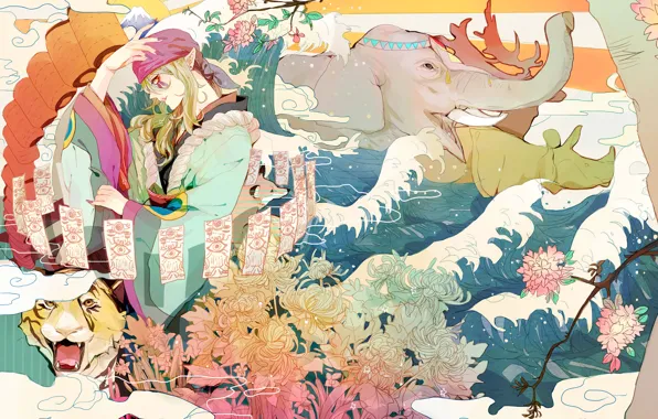 Picture water, flowers, tiger, elephant, art, beast, guy, Mononoke