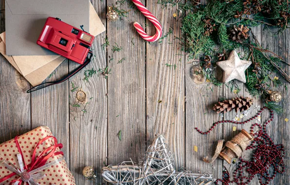 Gift, Board, star, Christmas, the camera, cane, New year, beads